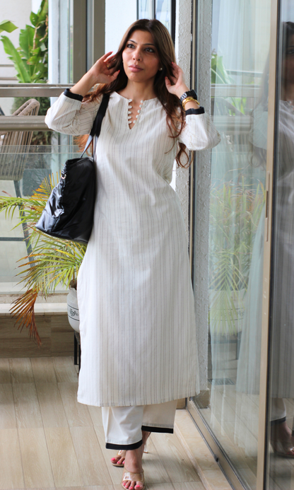 Cotton Off-white & Black Thread Detail Kurta with Bottom