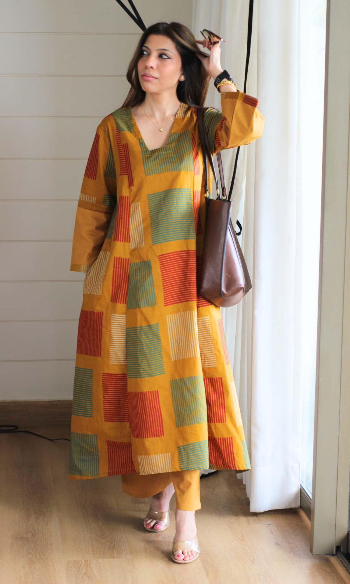 Mustard Box Print Kali Style High Low Kurta with Cotton Pants