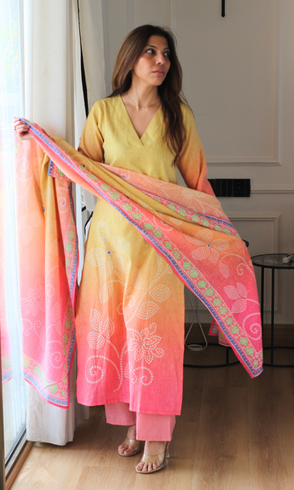 Pink Mirage Linen Blend Kurta , Dupatta & Cotton Pants