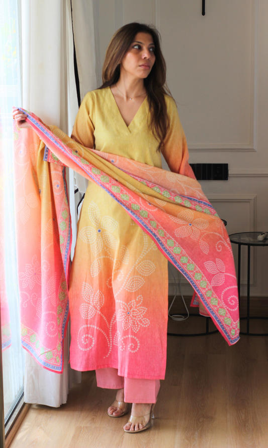 Pink Mirage Linen Blend Kurta , Dupatta & Cotton Pants