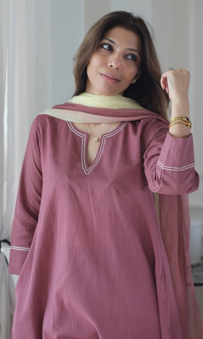 Dusty Mauve Slub Cotton Kali Kurta, Pant with Kota Doria Ombré Dupatta