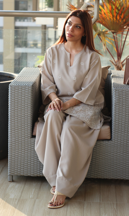 Muted Taupe Embroidered Anti Fit Kurta & Farshi Salwaar