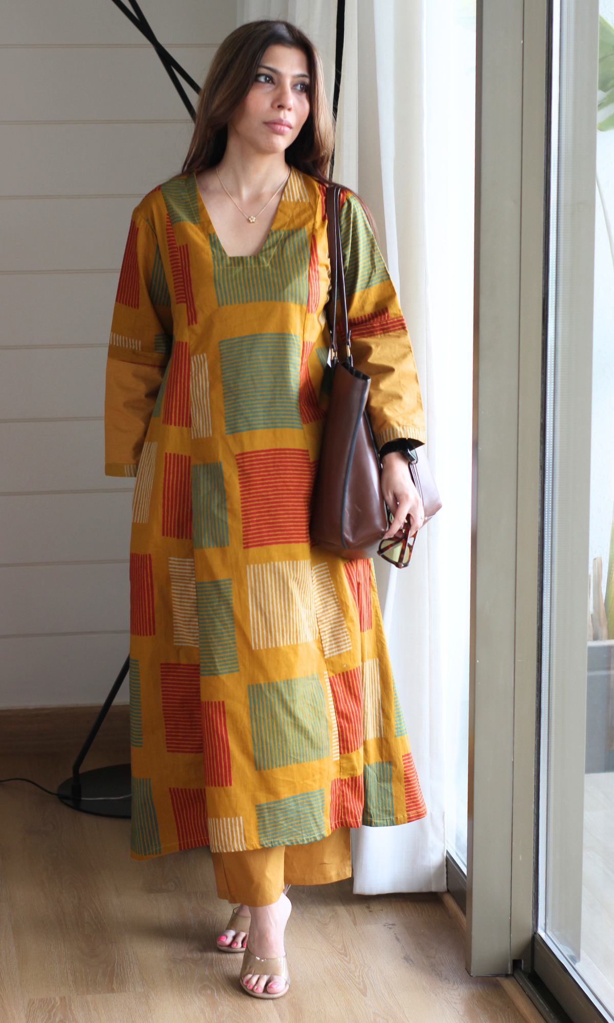 Mustard Box Print Kali Style High Low Kurta with Cotton Pants