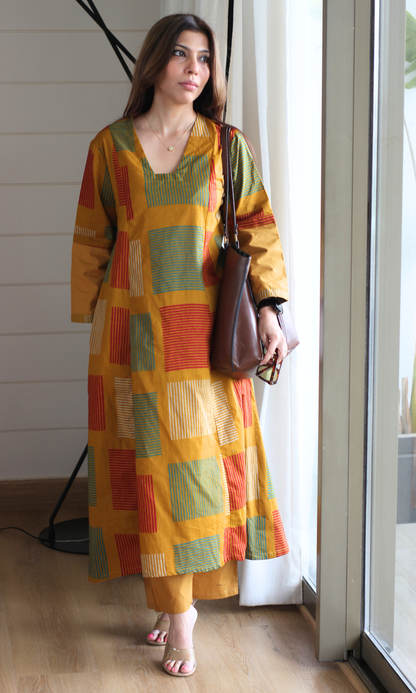 Mustard Box Print Kali Style High Low Kurta with Cotton Pants