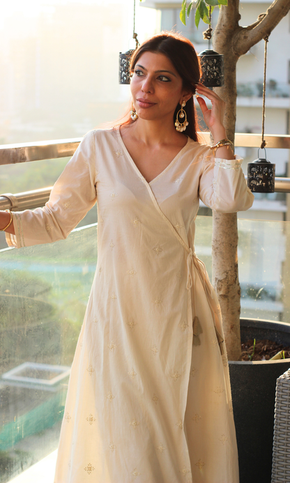 Ivory Embroidered Cotton Angrakha Kurta & Pants