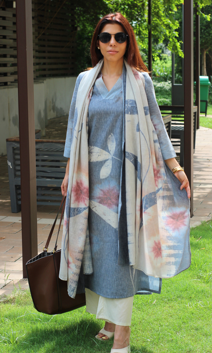 Linen Blend Slate Blue Bloom Print Kurta , Dupatta & Cotton Pants