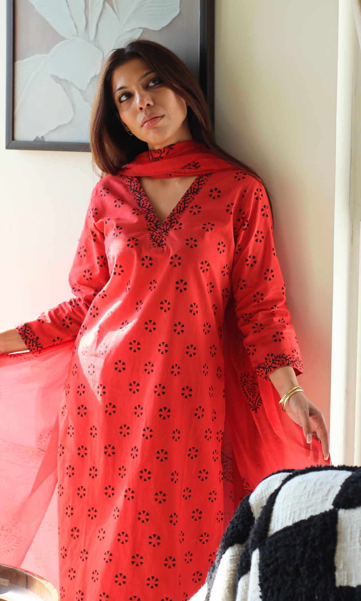 Cotton Persian Red Dotted Flower Print Suit with Chiffon Handblock Print Dupatta