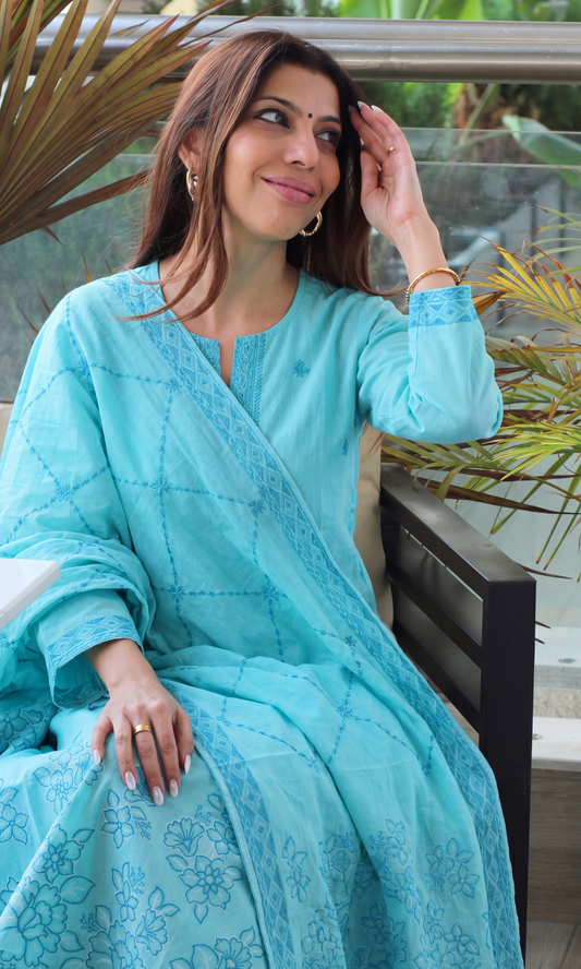 Azure Mist Loom Woven Kurta , Dupatta & Cotton Pants