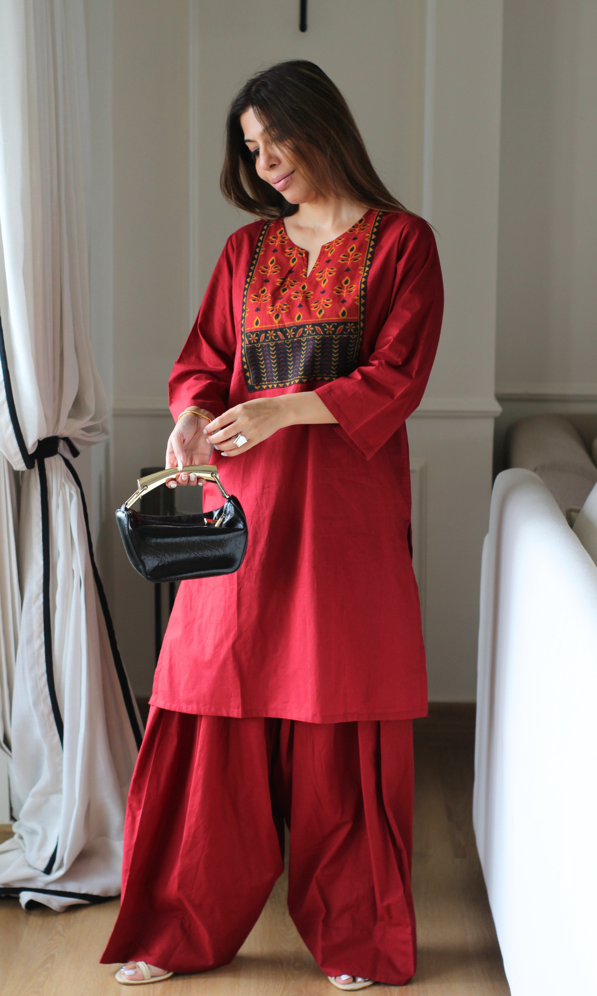Rose Red Patch Kurta and Farshi Salwaar