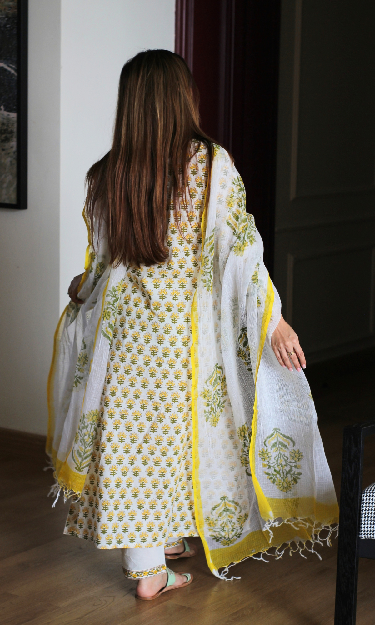 Surbhi Lemon Block Print Angrakha Style Kurta, Pants & Kota Doria Handblock Dupatta