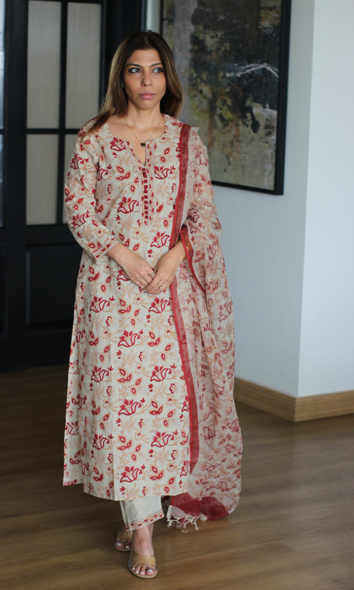 Saira Lal Handblock Print Kurta, Cotton Pants & Kota Doria Handblock Print Dupatta