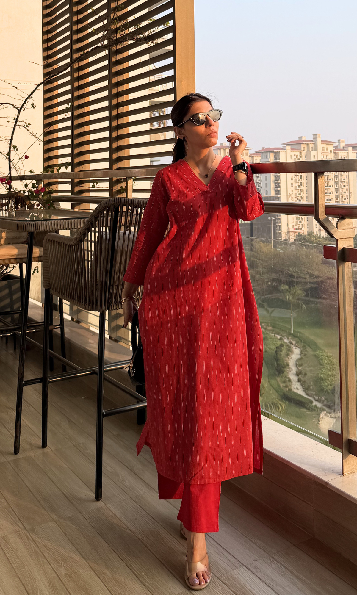 Cherry Red Ikat Kurta & Cotton Pants