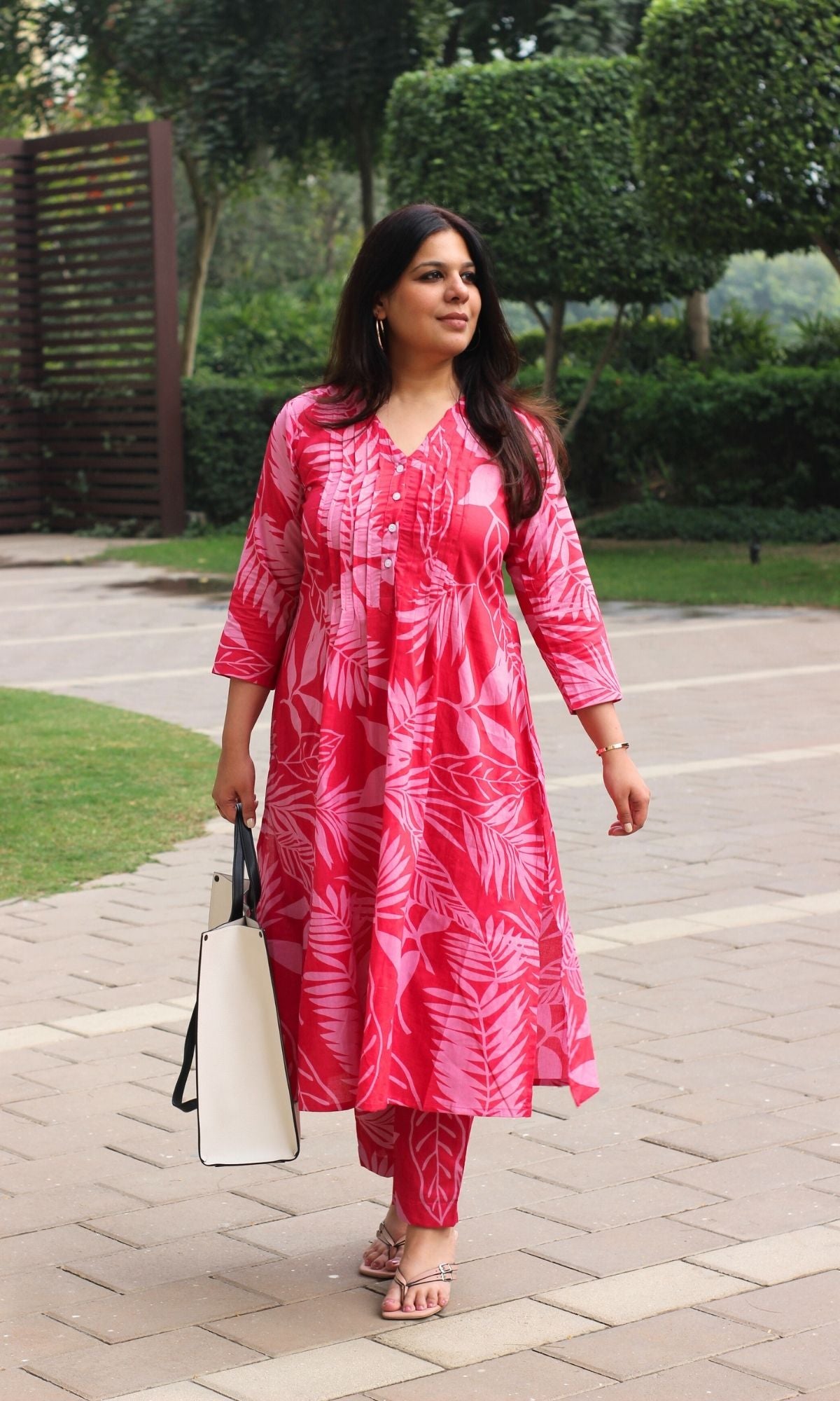 Cotton Hot Pink Big Leaf Pleated Kurta & Pants Set