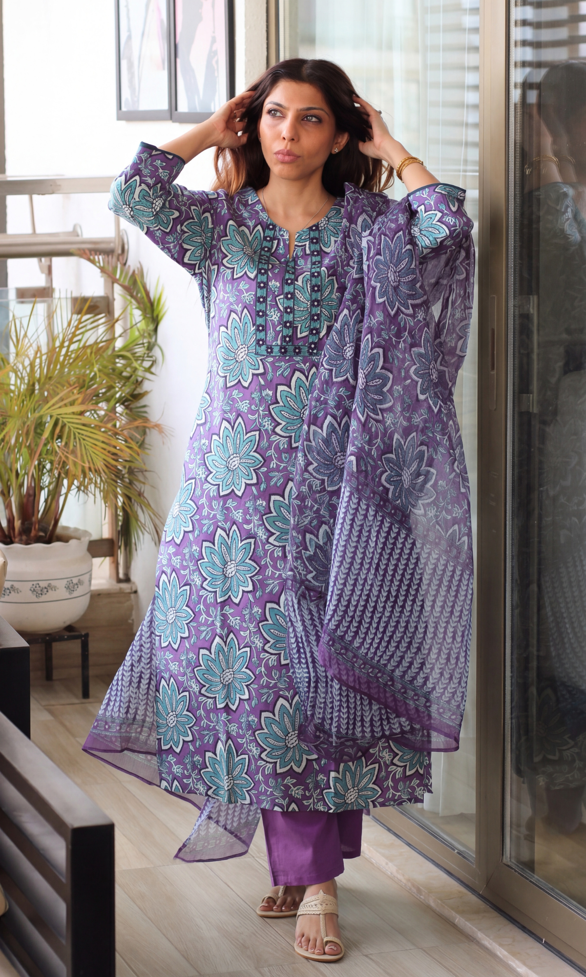 Cotton Orchid Floral Sanganeri Print Kurta Kota Doria Printed Dupatta & Cotton Pants