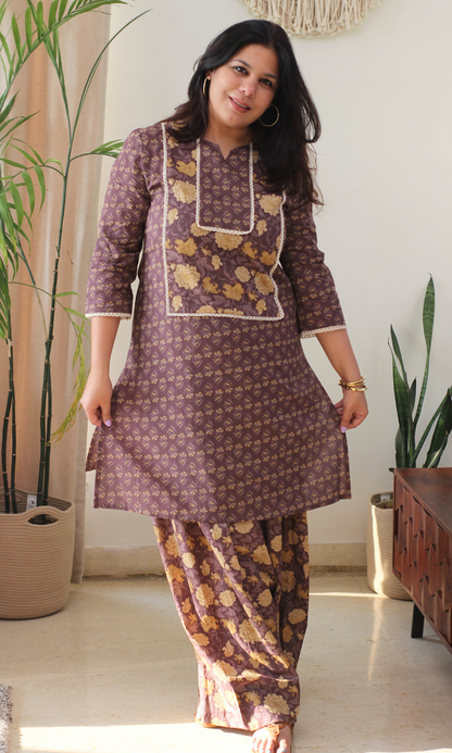 Cotton Zafran Block Print Kurta & Farshi Salwaar
