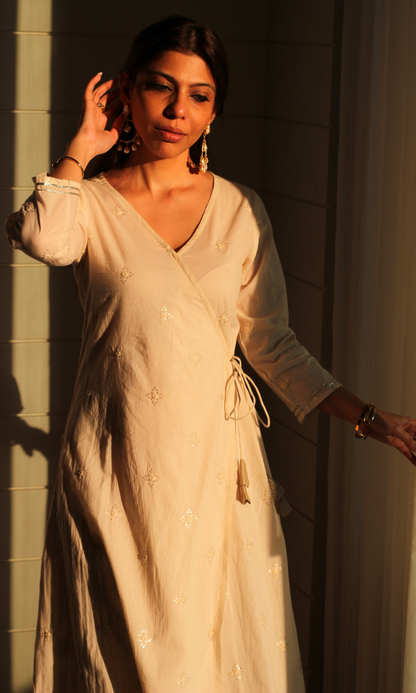 Ivory Embroidered Cotton Angrakha Kurta & Pants