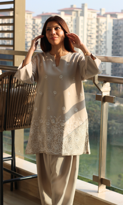 Muted Taupe Embroidered Anti Fit Kurta & Farshi Salwaar