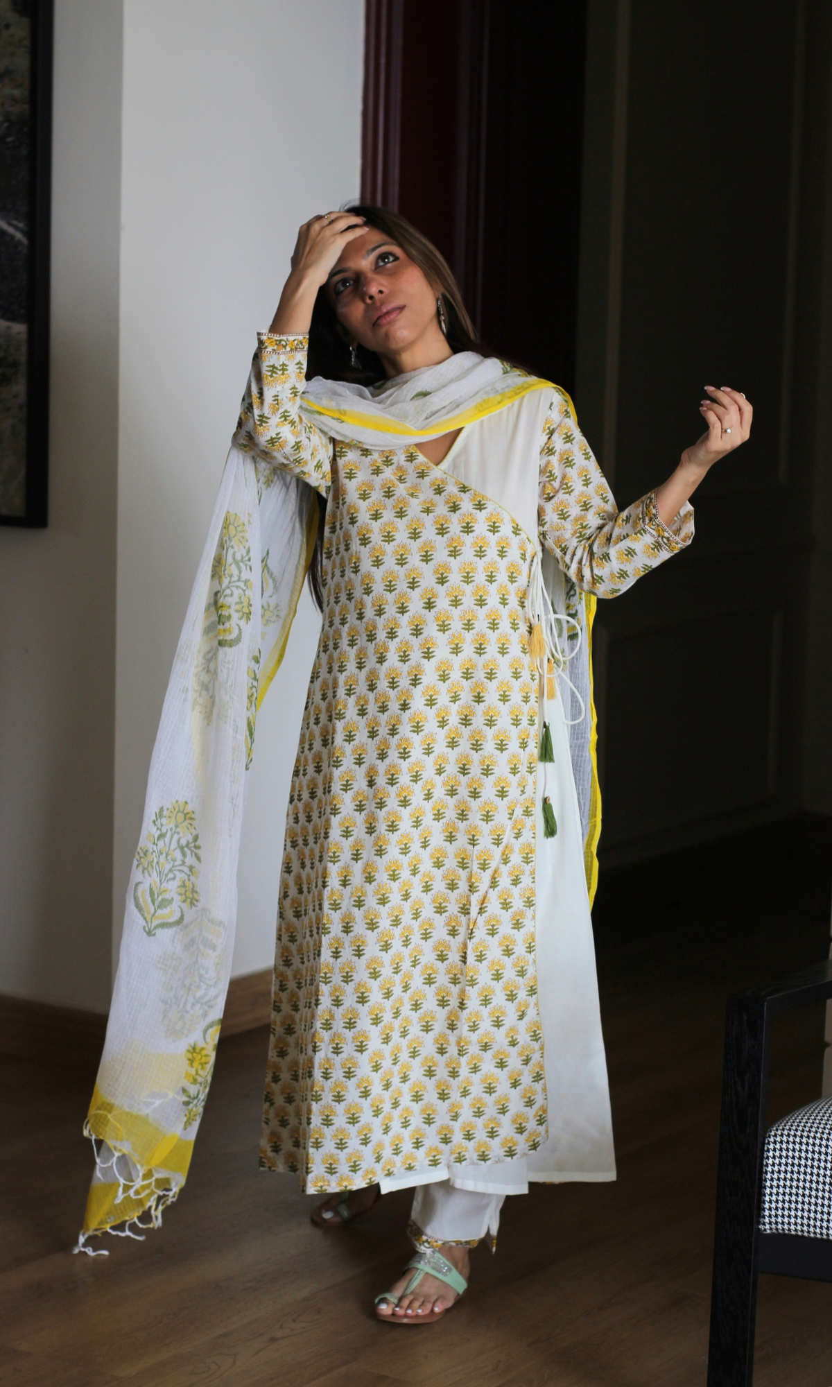 Surbhi Lemon Block Print Angrakha Style Kurta, Pants & Kota Doria Handblock Dupatta