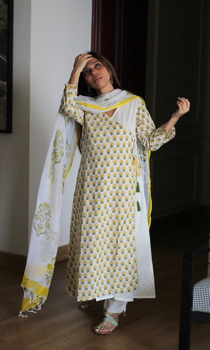 Surbhi Lemon Block Print Angrakha Style Kurta, Pants & Kota Doria Handblock Dupatta