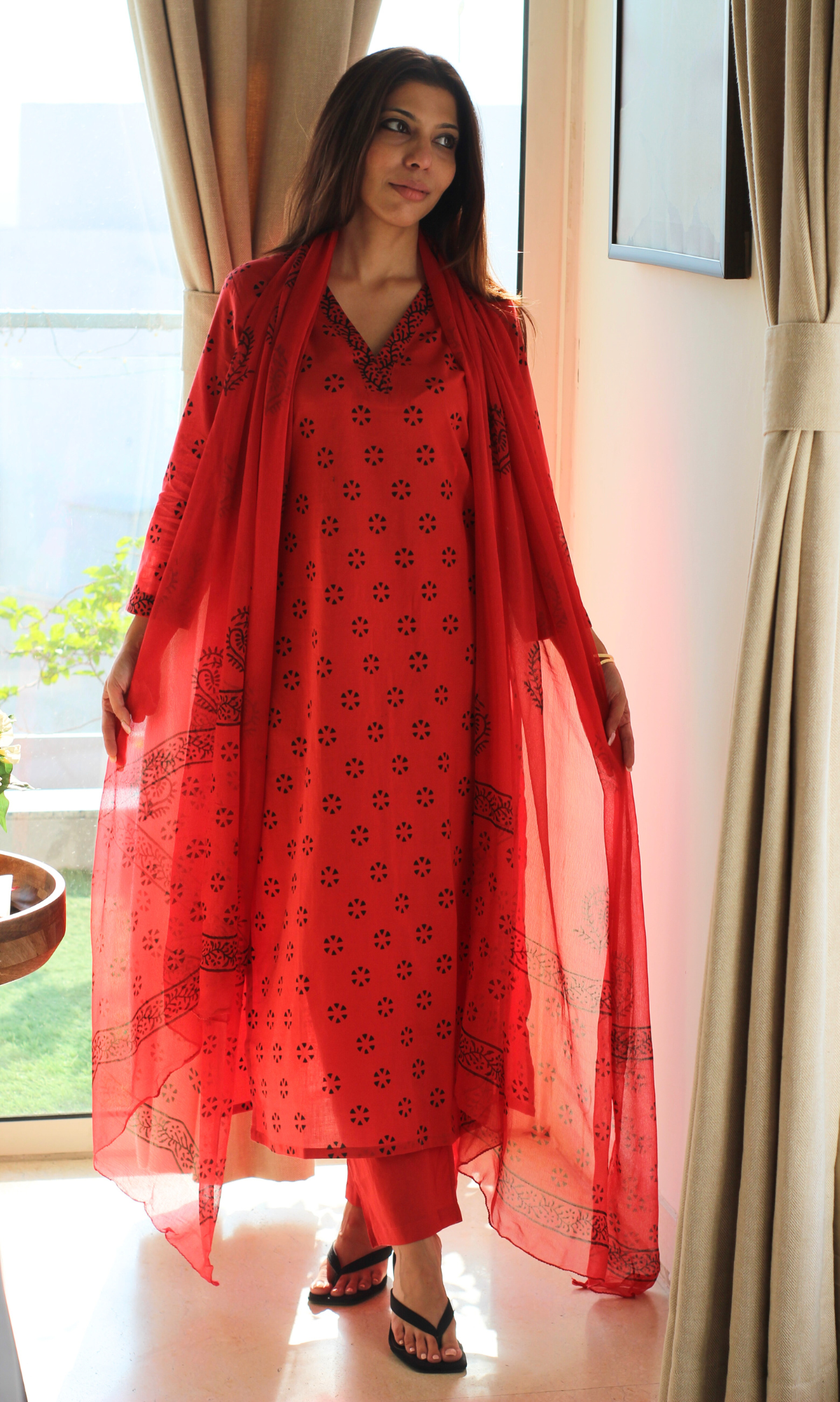 Cotton Persian Red Dotted Flower Print Suit with Chiffon Handblock Print Dupatta