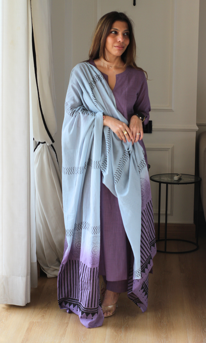 Mauve Slub Kurta, Pants &amp; Cotton Block Print Dupatta