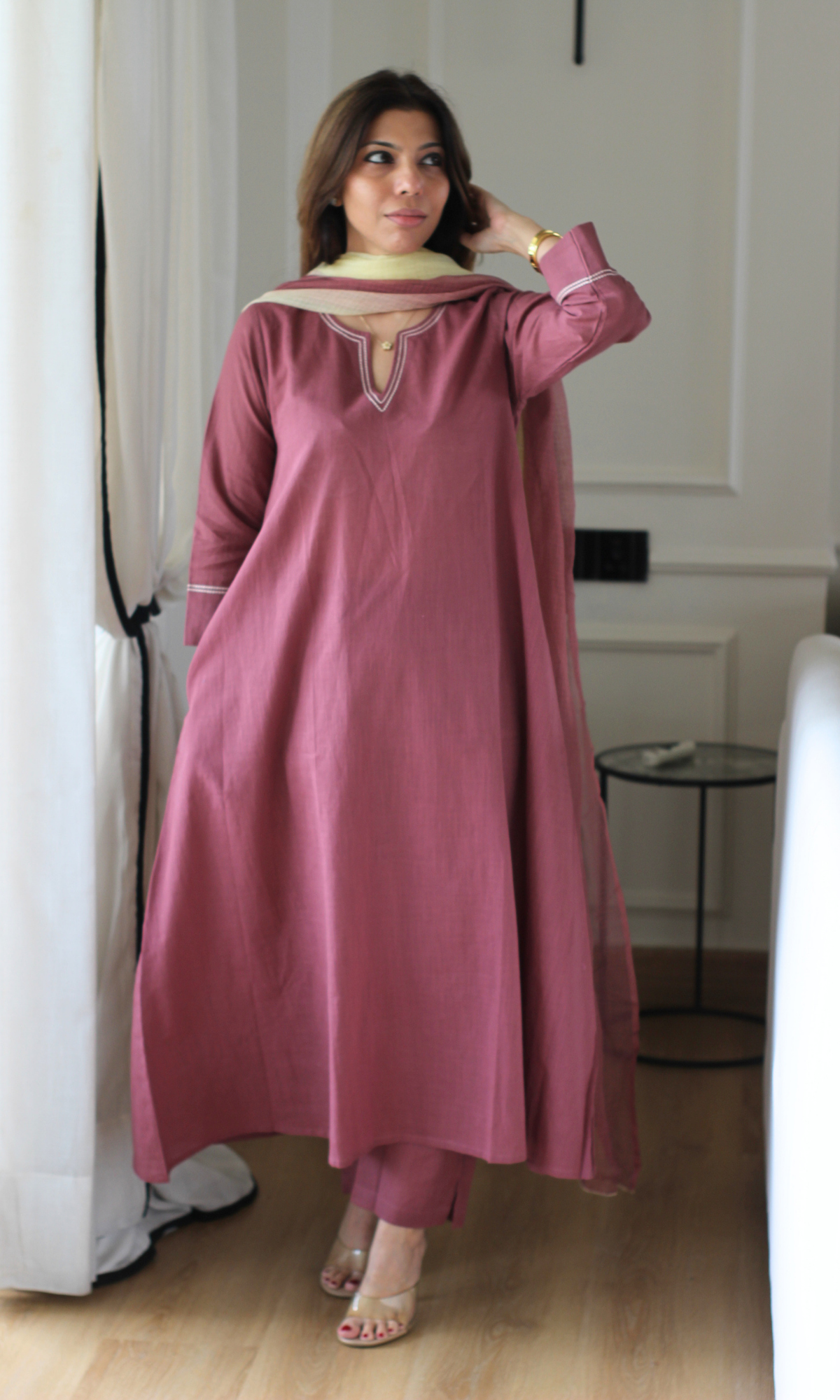 Dusty Mauve Slub Cotton Kali Kurta, Pant with Kota Doria Ombré Dupatta