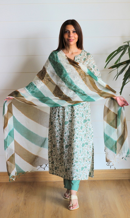 Gul Sage Printed Kurta, Solid Pants & Lehariya Kota Dupatta