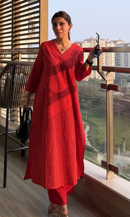 Cherry Red Ikat Kurta & Cotton Pants