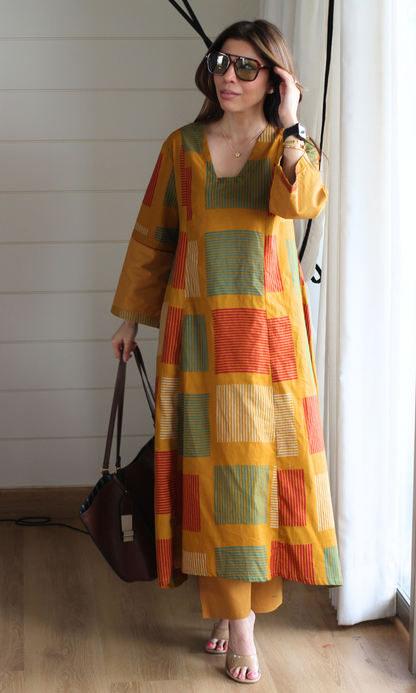 Mustard Box Print Kali Style High Low Kurta with Cotton Pants