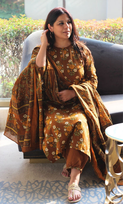 Cotton Coffee Mughal Print Suit with Afghani Pants & Mul Printed Dupatta