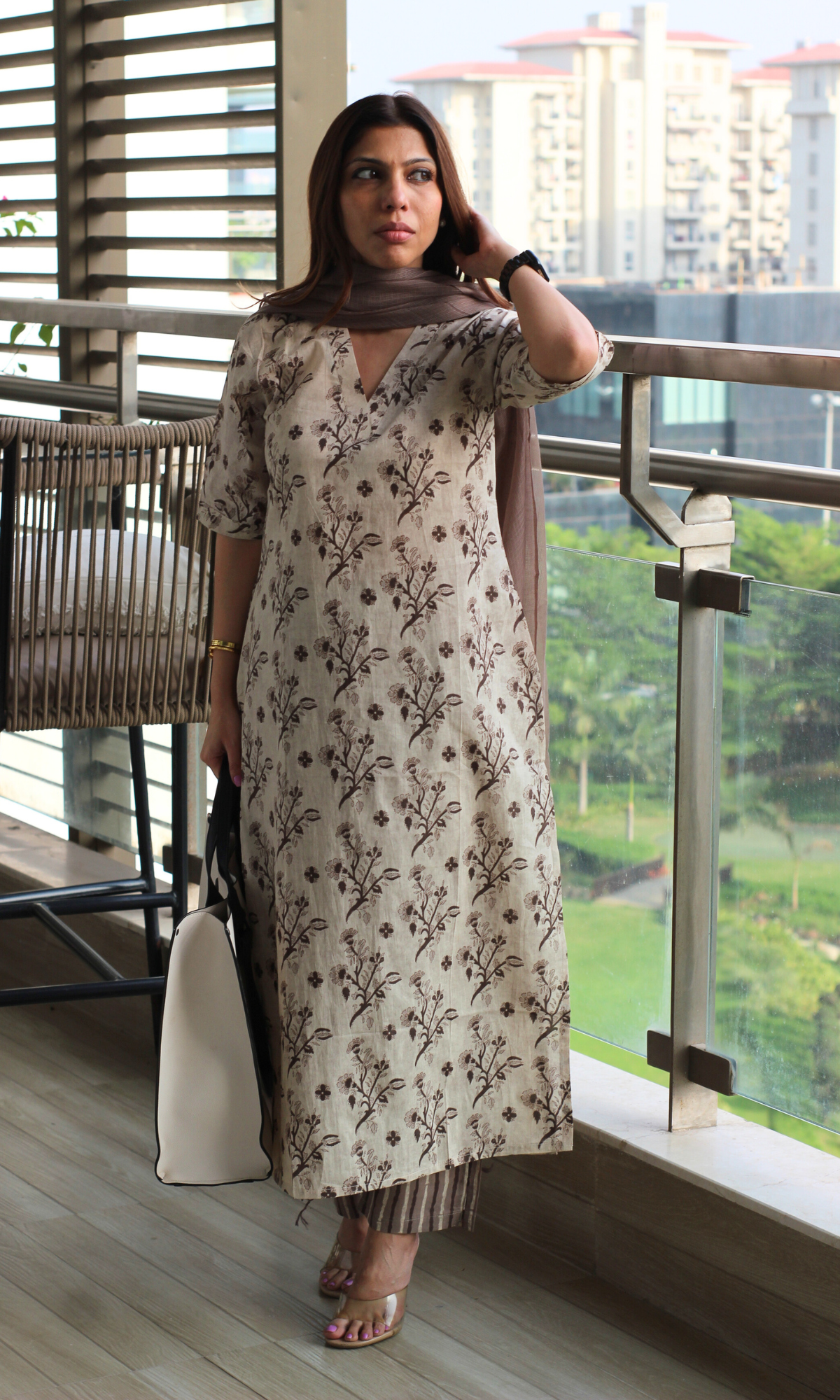 Cotton Stone Dabu Print Half Sleeves Kurta, Pants and Kota Doria Dupatta