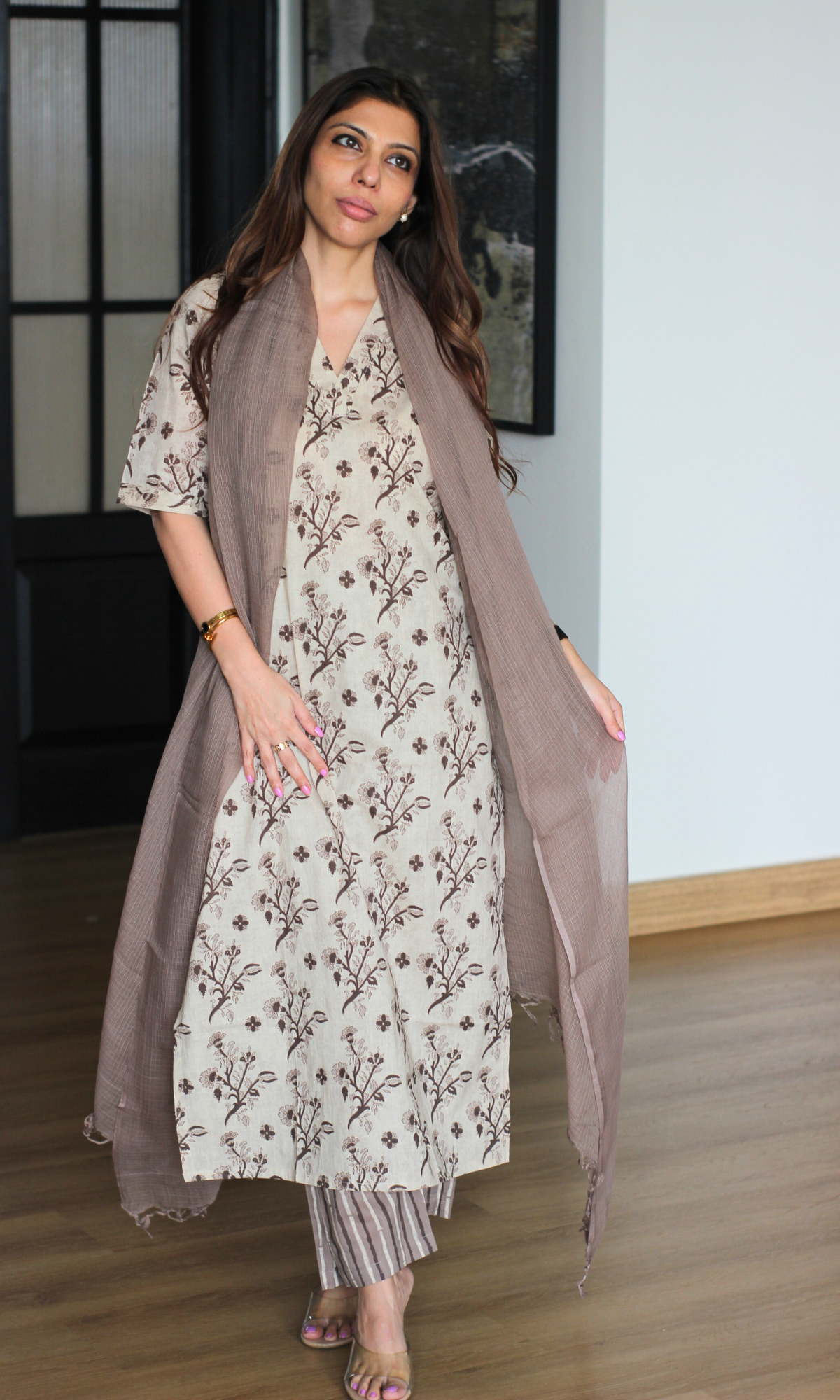 Cotton Stone Dabu Print Half Sleeves Kurta, Pants and Kota Doria Dupatta