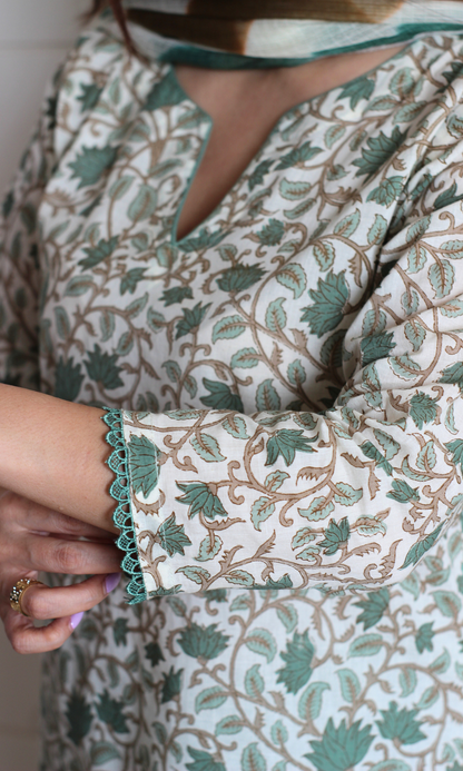 Gul Sage Printed Kurta, Solid Pants & Lehariya Kota Dupatta