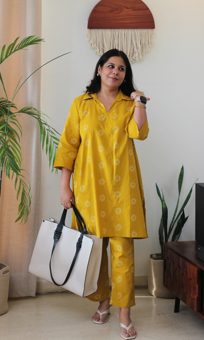 Mustard Yellow Cotton Dobby Collard Co-ord