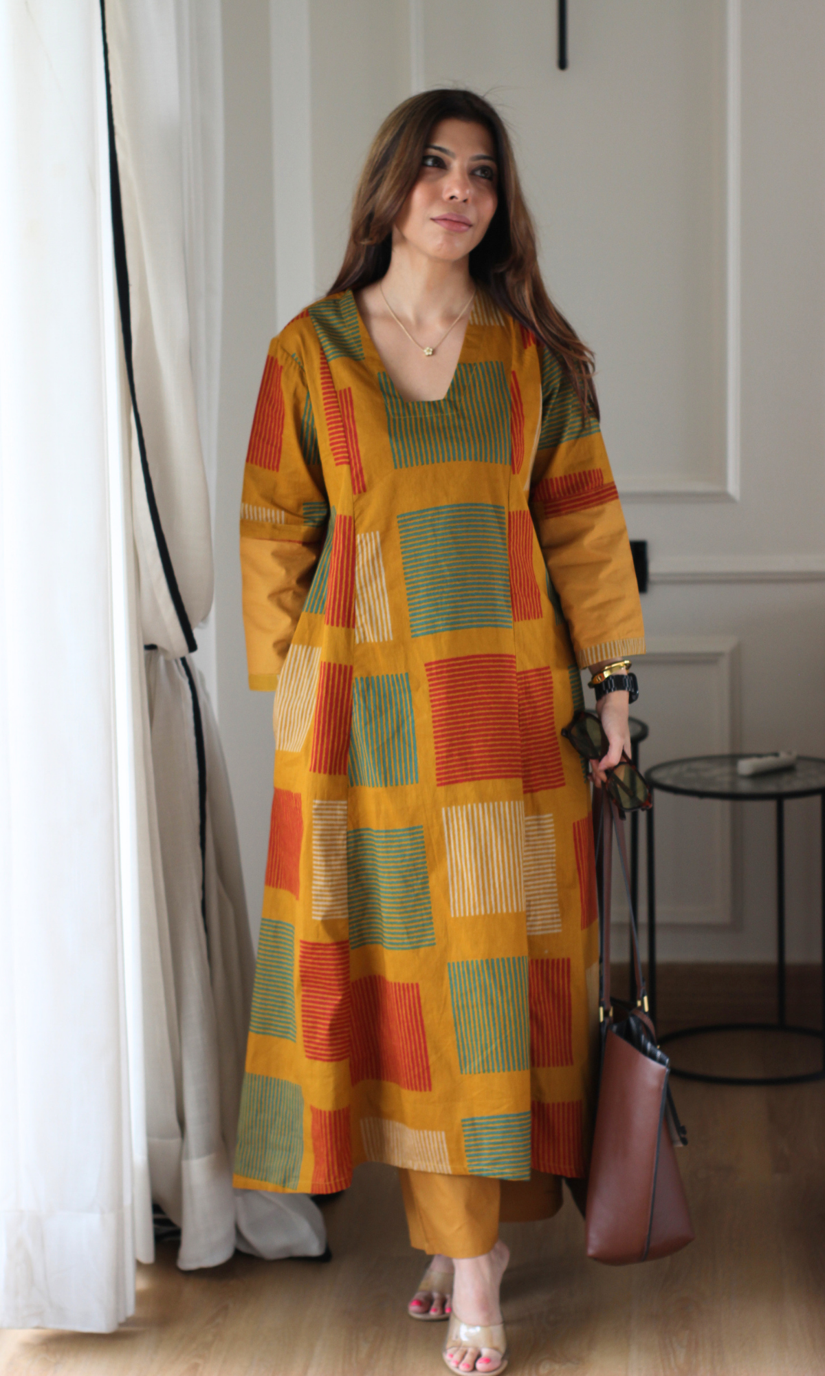 Mustard Box Print Kali Style High Low Kurta with Cotton Pants