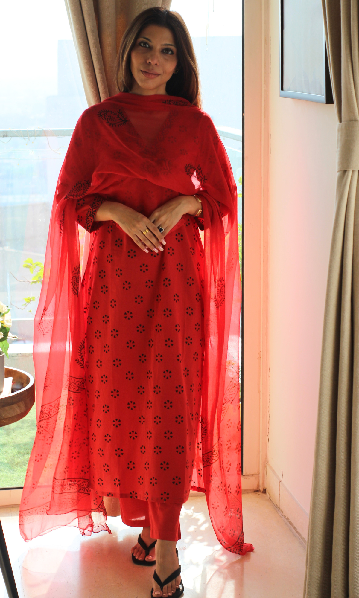 Cotton Persian Red Dotted Flower Print Suit with Chiffon Handblock Print Dupatta