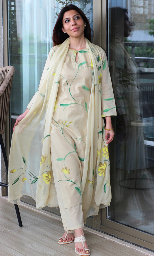 Cotton Beige & Yellow Handbrush Painted Kurta, Pant & Chiffon Handpainted Dupatta
