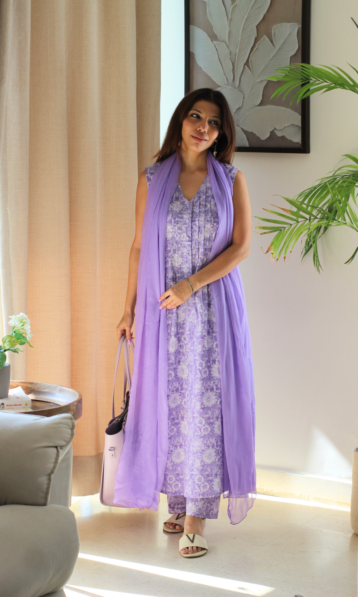 Pastel Lilac Pintex Neck Sleeveless Kurta, Pant & Chiffon Dupatta