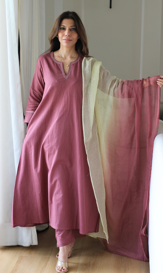 Dusty Mauve Slub Cotton Kali Kurta, Pant with Kota Doria Ombré Dupatta