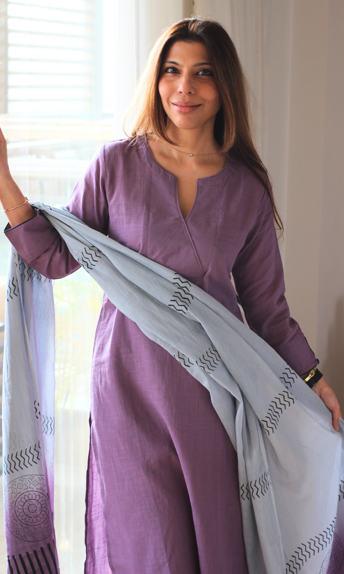 Mauve Slub Kurta, Pants &amp; Cotton Block Print Dupatta
