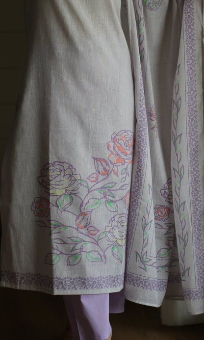 Soft Lavender Linen Blend Printed Kurta, Dupatta & Cotton Pants