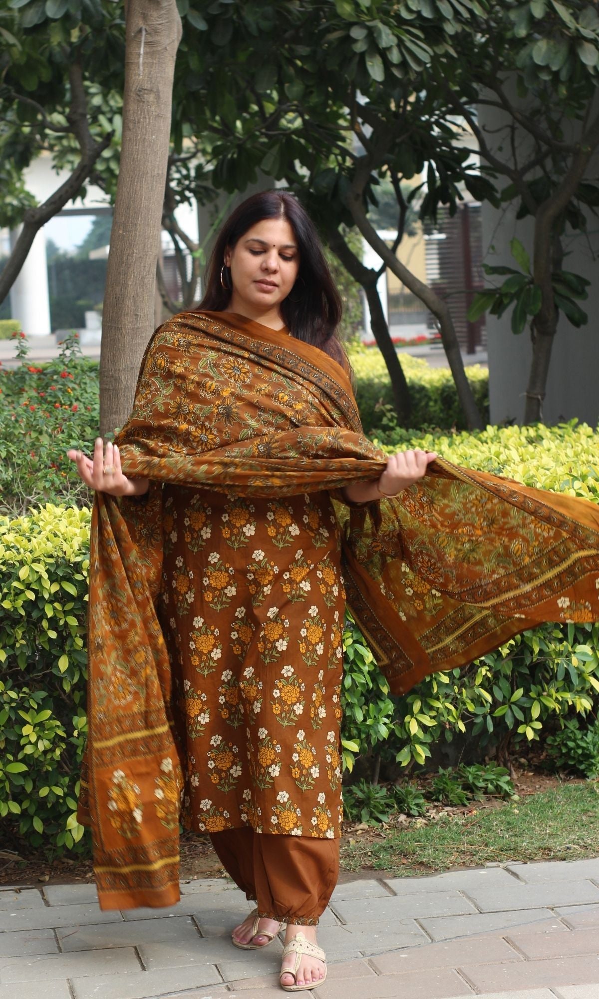 Cotton Coffee Mughal Print Suit with Afghani Pants & Mul Printed Dupatta