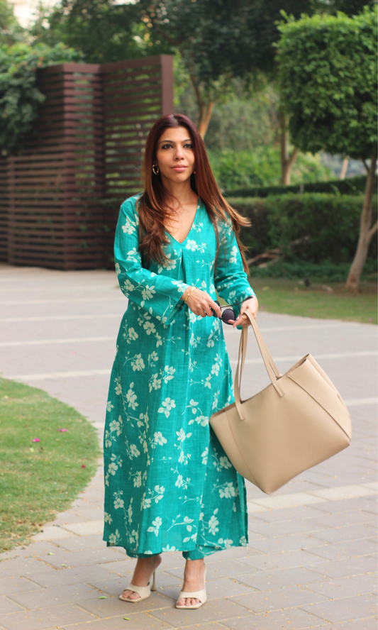 Cotton Slub Jade Pleated Kurta with Pants