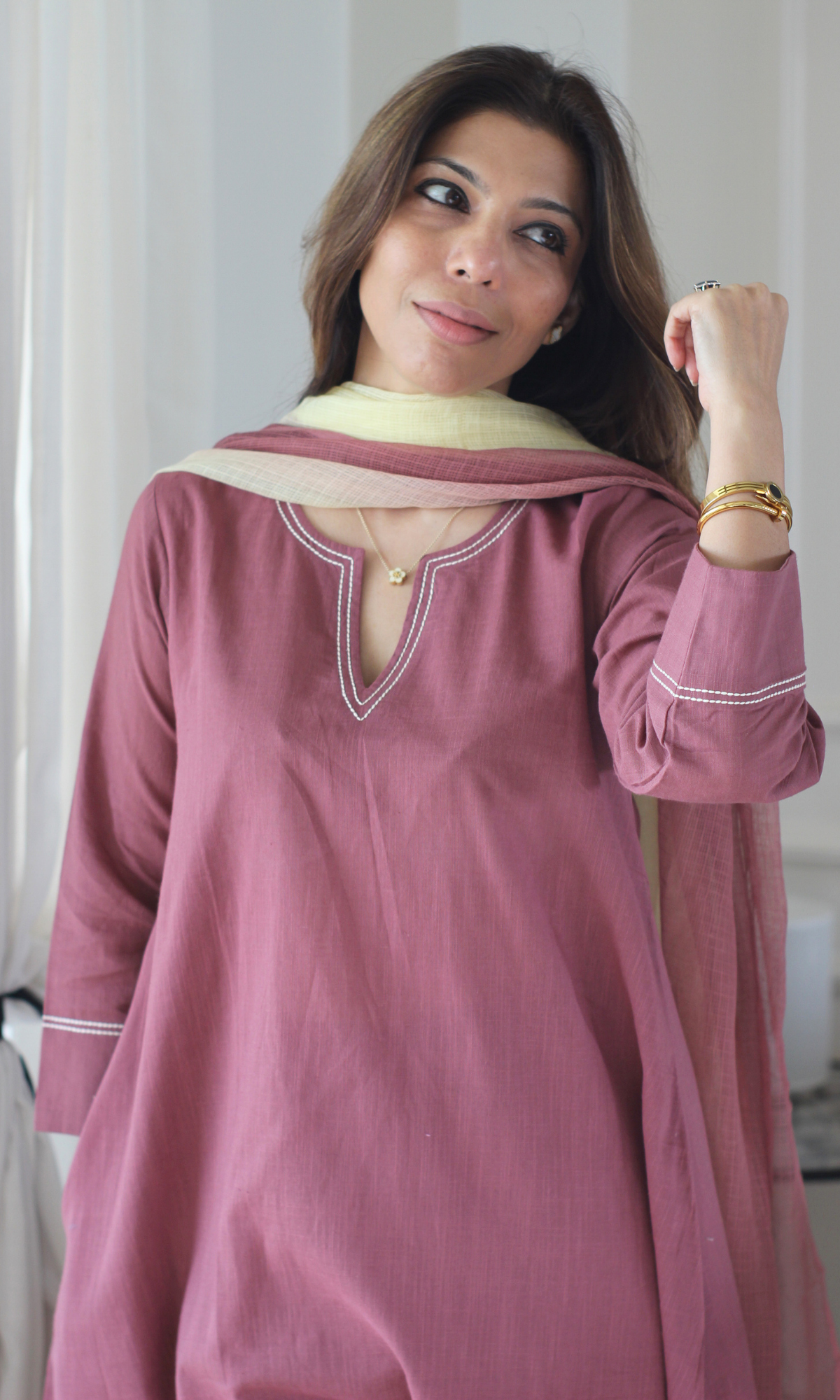 Dusty Mauve Slub Cotton Kali Kurta, Pant with Kota Doria Ombré Dupatta