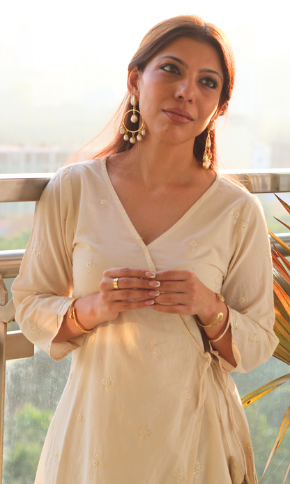 Ivory Embroidered Cotton Angrakha Kurta & Pants