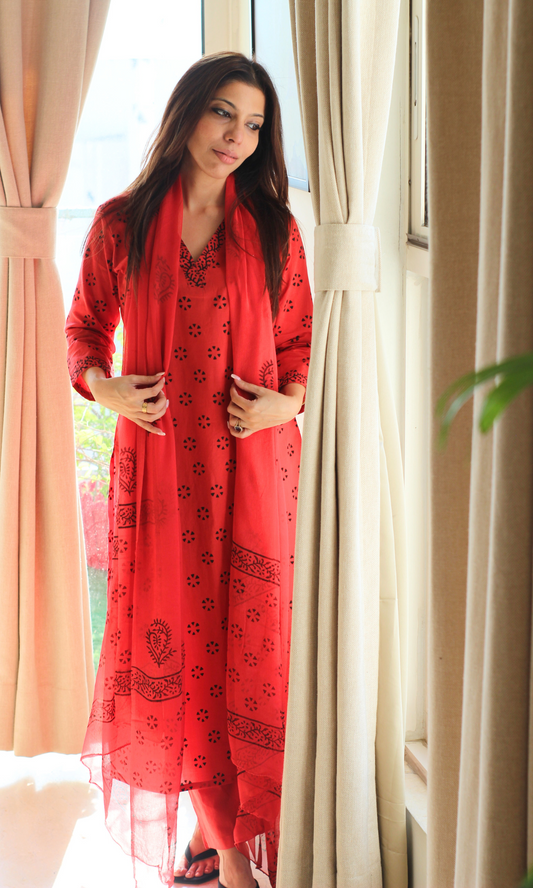 Cotton Persian Red Dotted Flower Print Suit with Chiffon Handblock Print Dupatta
