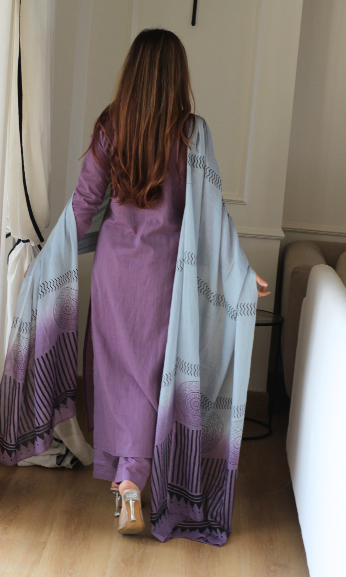 Mauve Slub Kurta, Pants &amp; Cotton Block Print Dupatta