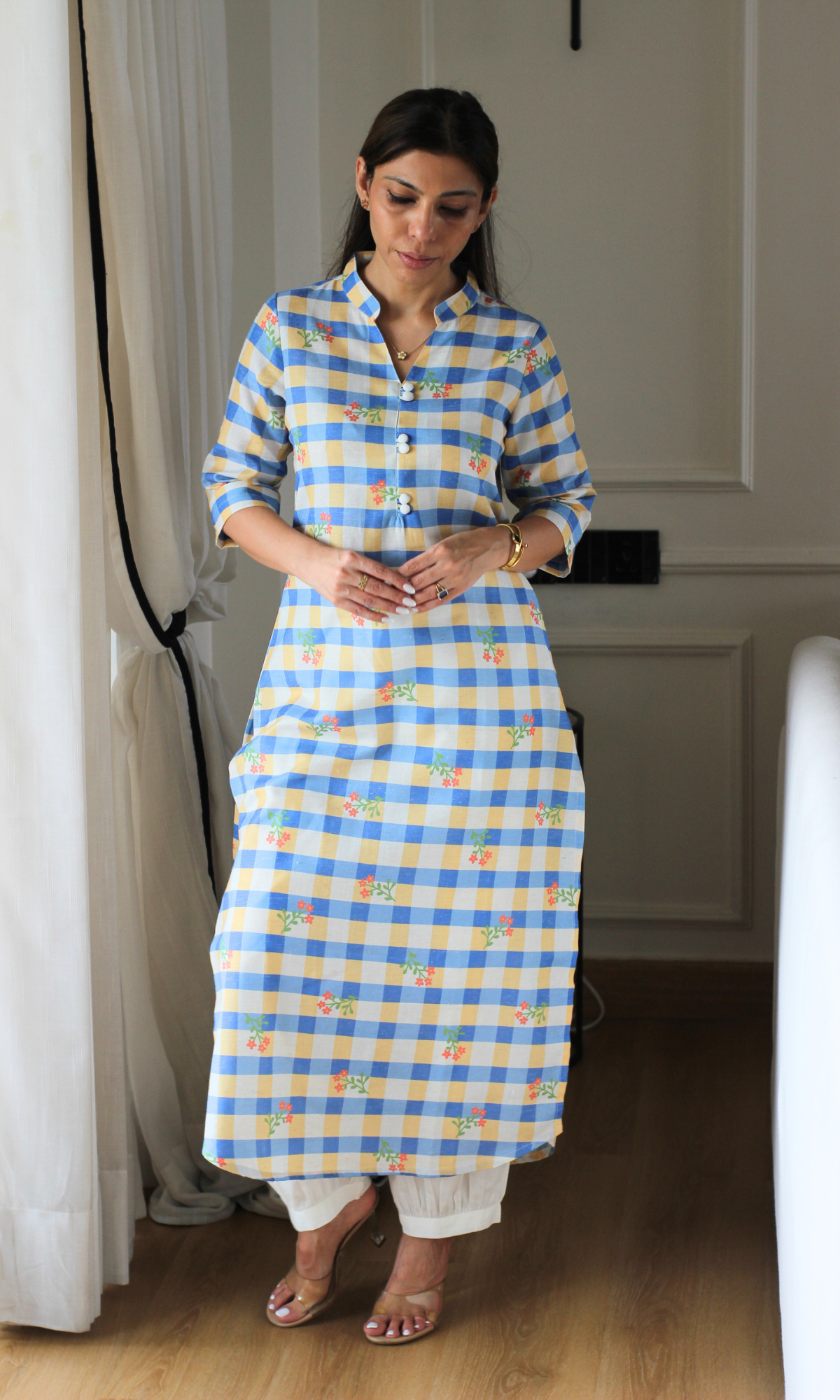 Blue & White Checkered Kurta with Pants