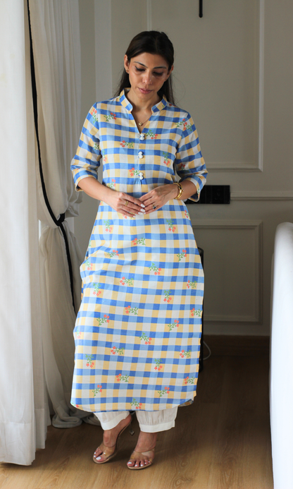 Blue & White Checkered Kurta with Pants