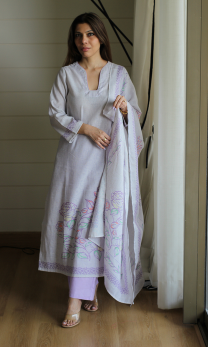 Soft Lavender Linen Blend Printed Kurta, Dupatta & Cotton Pants